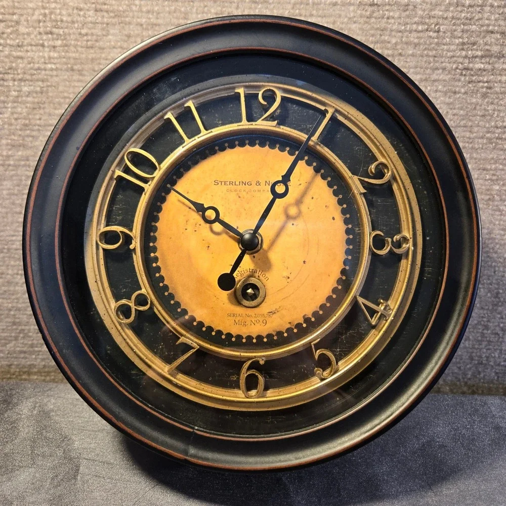 Sterling & Noble Mfg No 9 Wall Clock Black Gold Vintage Industrial Steampunk